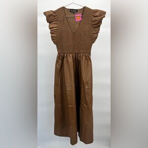 Women’s Dress - En Saison By LALA Vegan Leather Midi Brown Low Cut Ruffle Sleeve